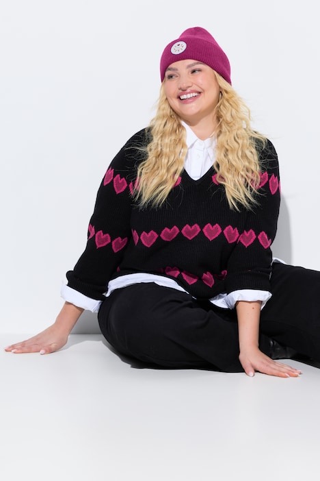 Heart Print Long Sleeve V-Neck Sweater