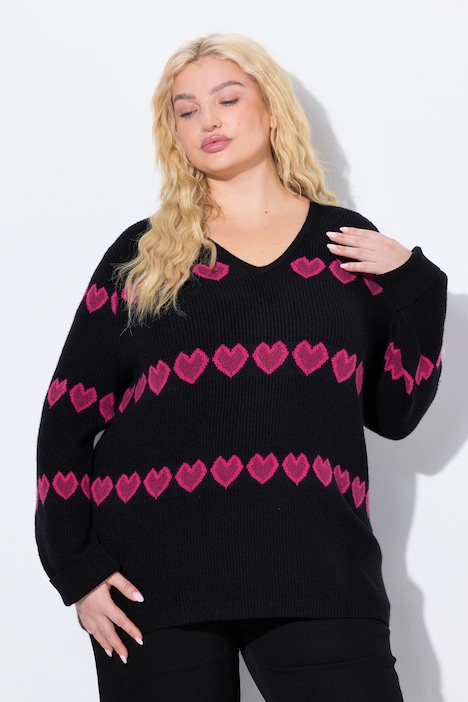 Heart Print Long Sleeve V-Neck Sweater