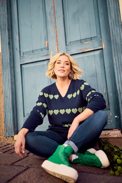 Pullover, Herzen, V-Ausschnitt, Langarm