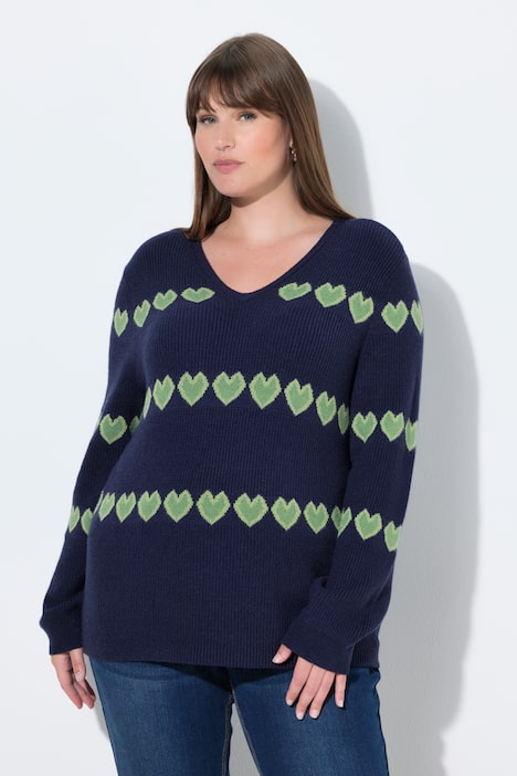 Pullover, Herzen, V-Ausschnitt, Langarm
