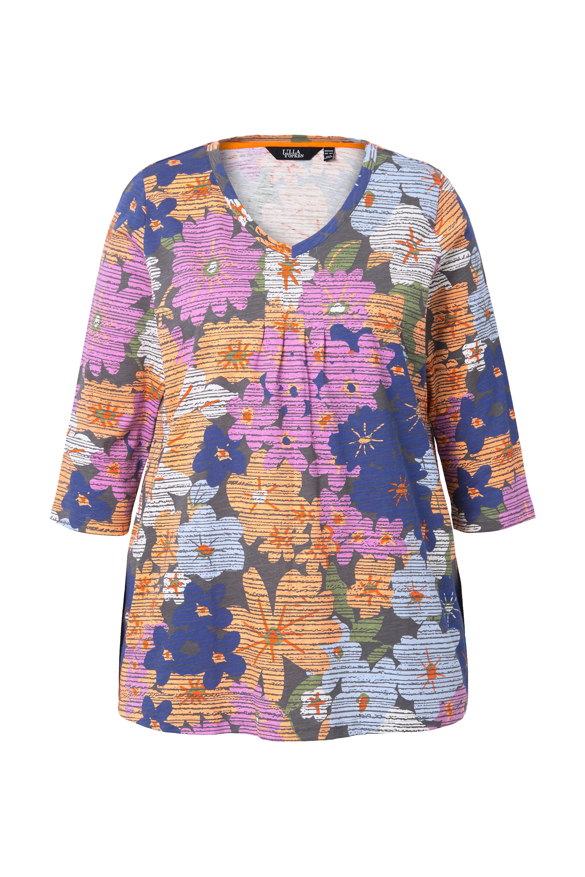 Ulla Popken Damen große Größen Shirt Blüten A Linie Zierfalten V Ausschnitt