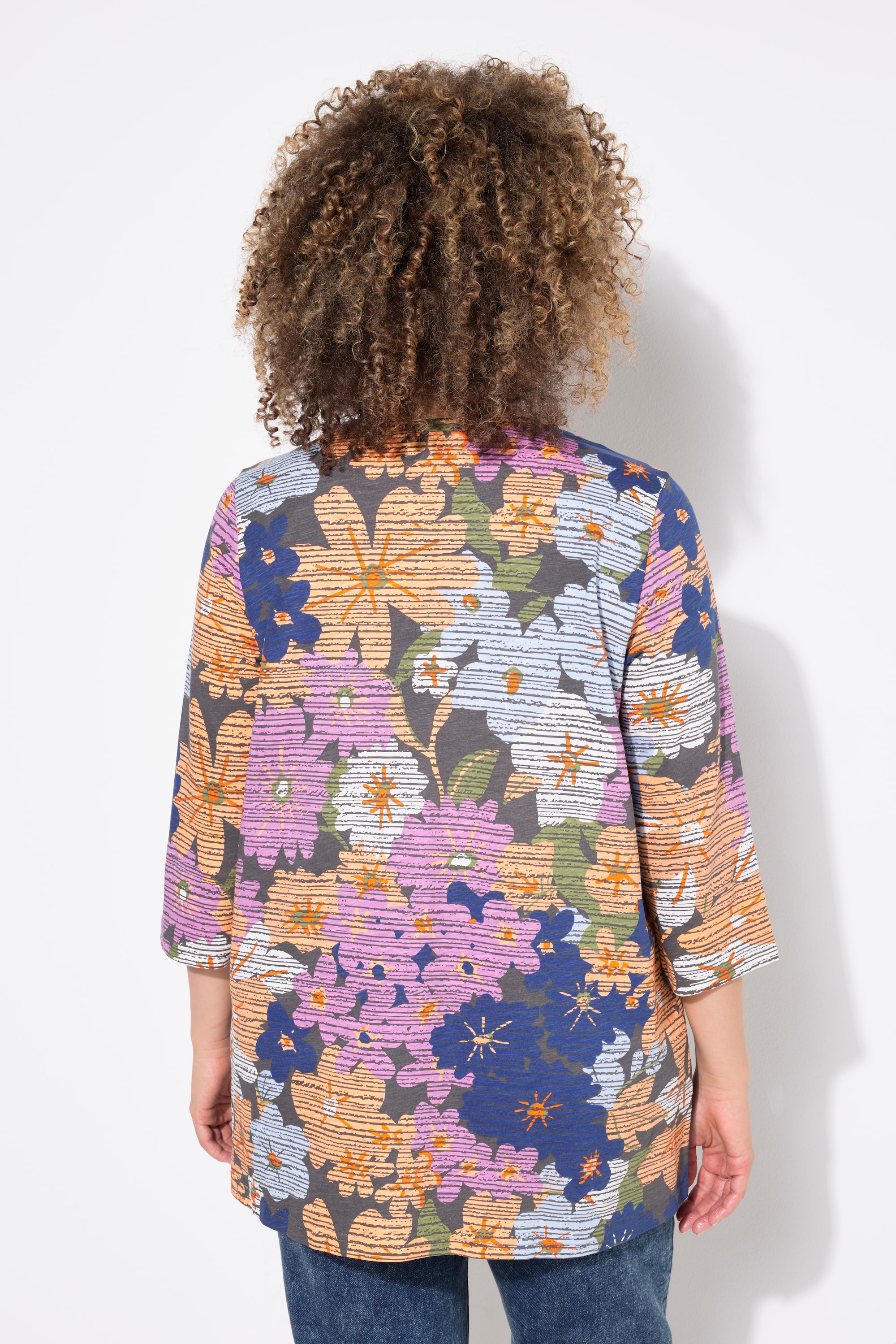 Ulla Popken Damen große Größen Shirt Blüten A Linie Zierfalten V Ausschnitt