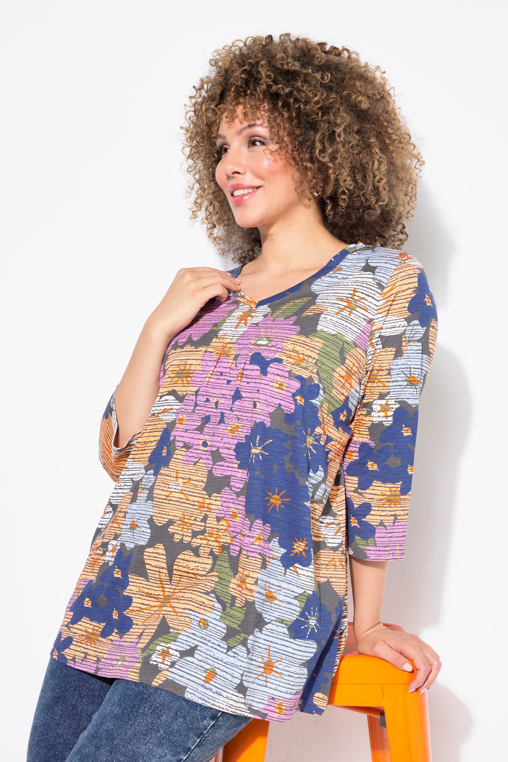 Ulla Popken Damen große Größen Shirt Blüten A Linie Zierfalten V Ausschnitt