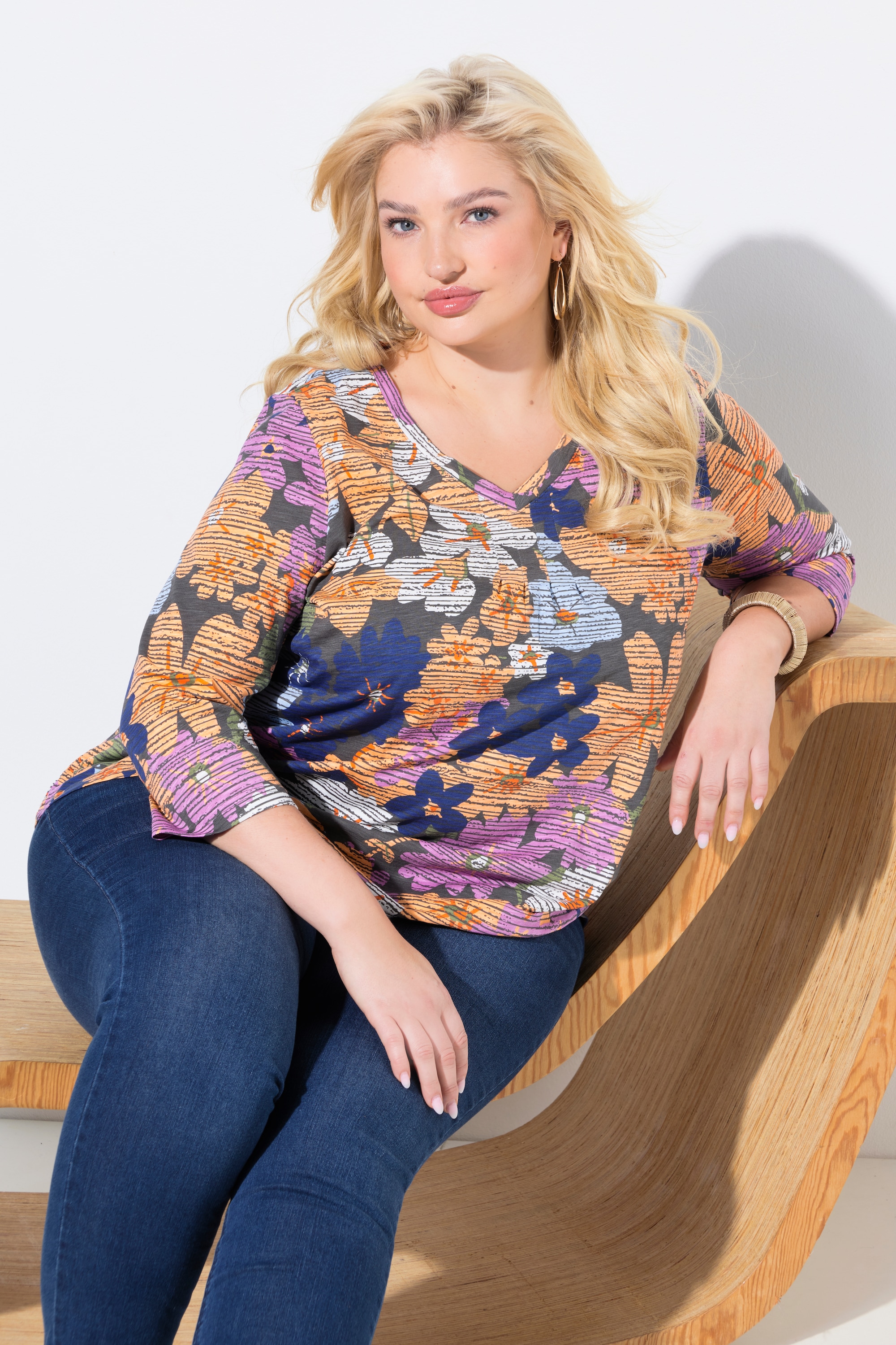 Ulla Popken Damen große Größen Shirt Blüten A Linie Zierfalten V Ausschnitt