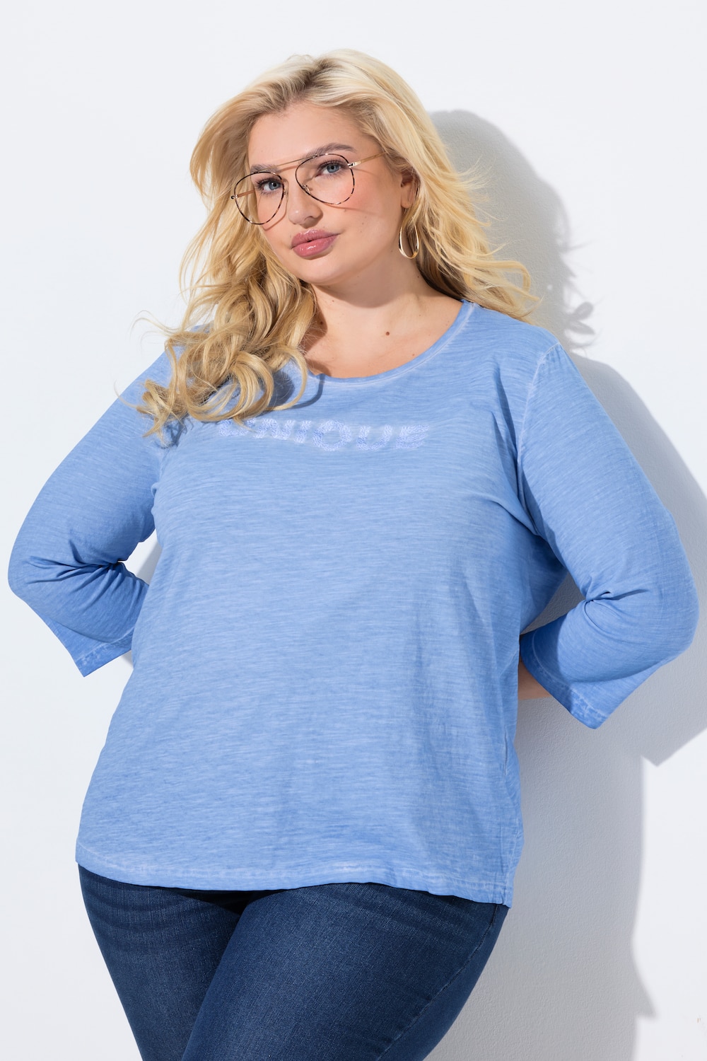 Shirt, Statementstickerei, Classic, Rundhals, 3/4-Arm