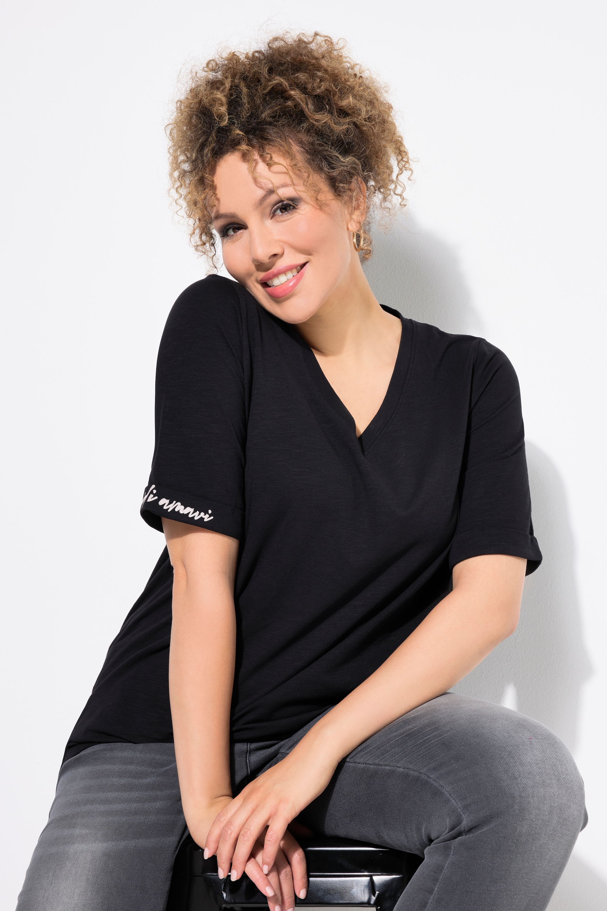 Ulla Popken Damen große Größen T Shirt Schriftdruck Classic V Ausschnitt