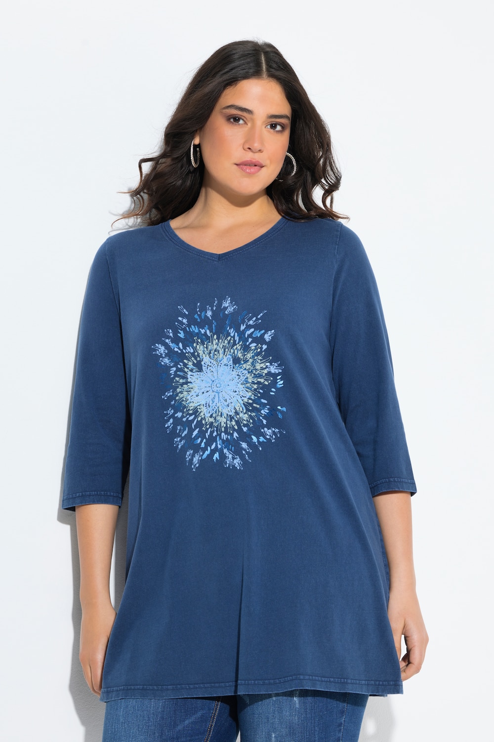 Shirt, paardenbloem, A-lijn, V-hals, 3/4-mouw