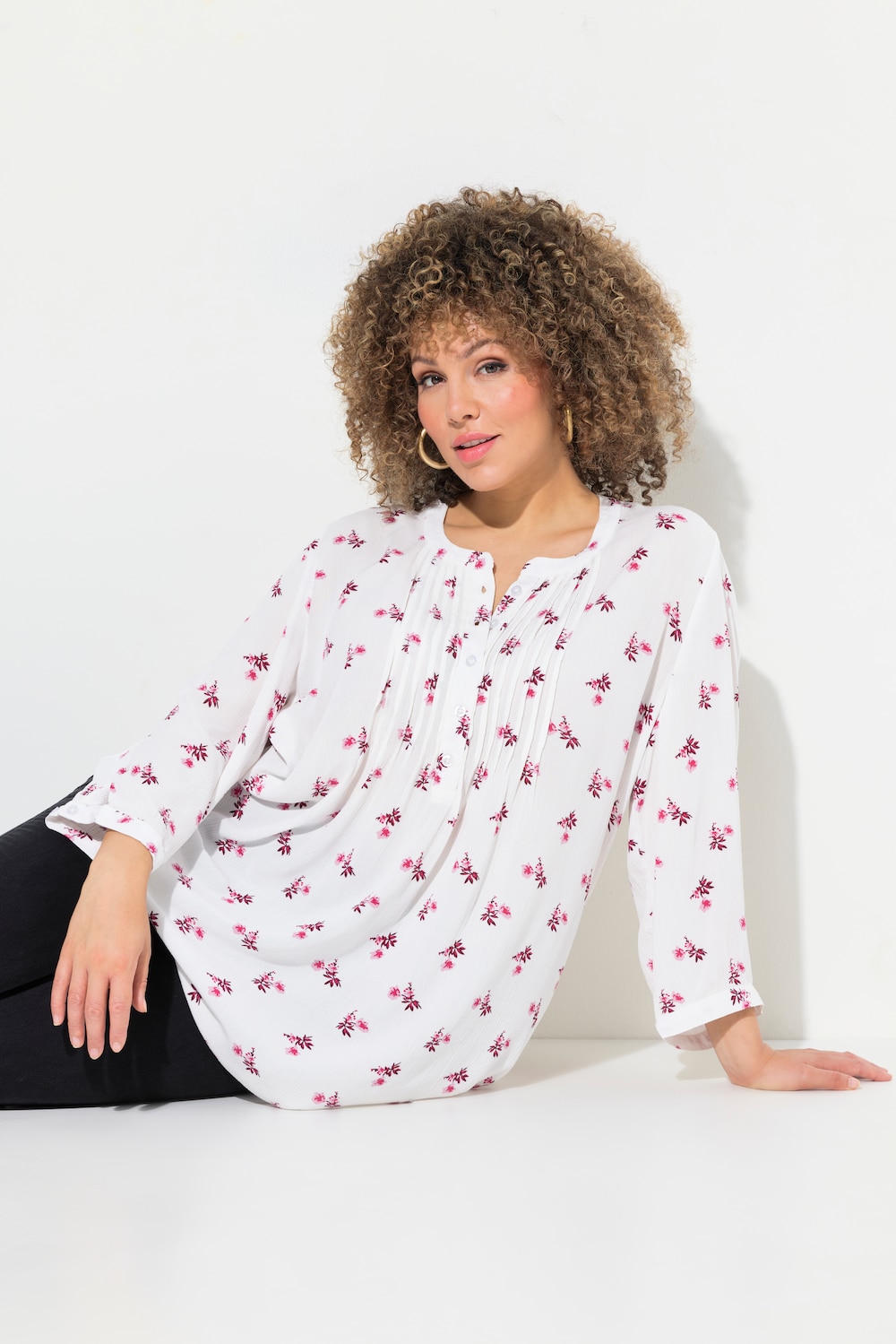 Tunika, Blüten, Rundhals, Biesen, 3/4-Arm