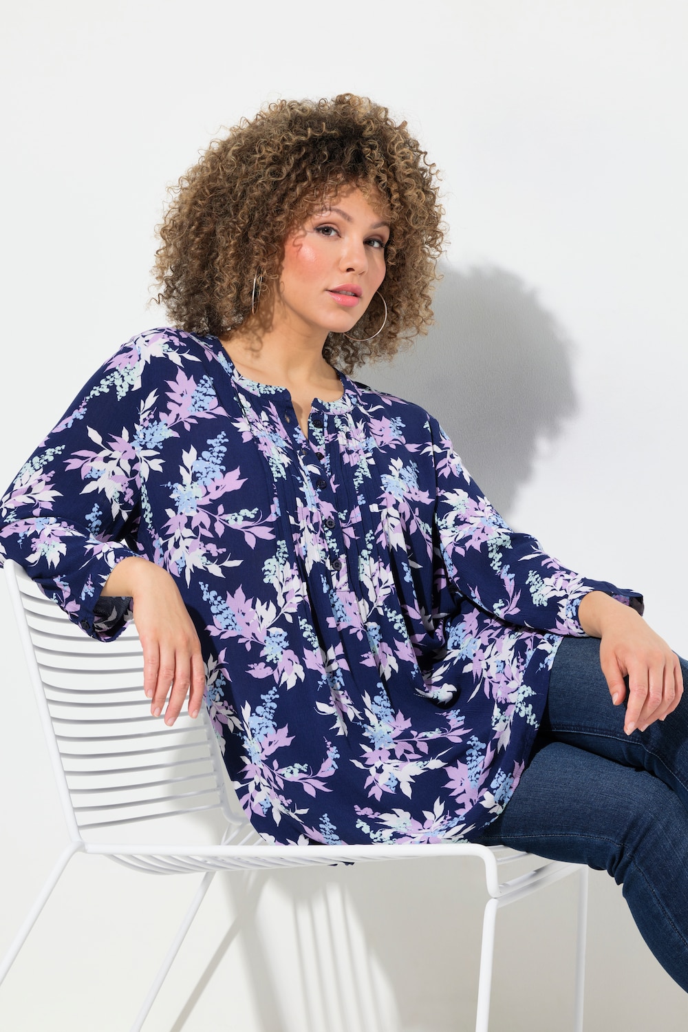 Tunika, Blüten, Rundhals, Biesen, 3/4-Arm