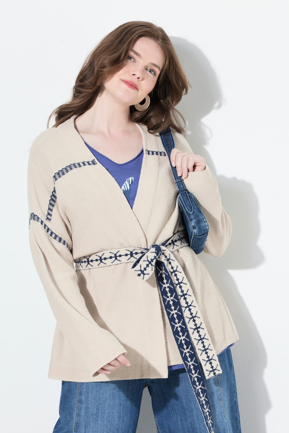 Strickjacke, Zierstreifen, Oversized, Bindegürtel, Langarm