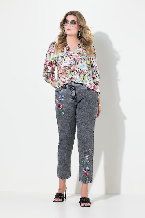 Jeans, Loose Fit, Blumen-Stickerei, 5-Pocket