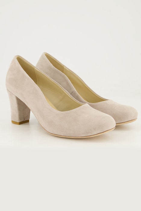 Suède pumps, golvende snit, blokhak, wijdte H