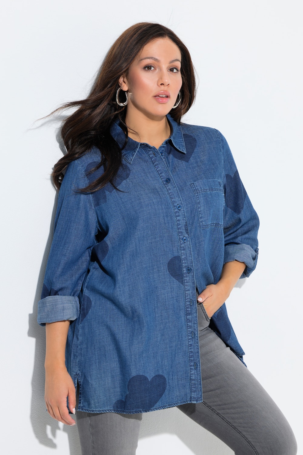 Denim blouse, harten, overhemdkraag, lange mouwen, lyocellmix