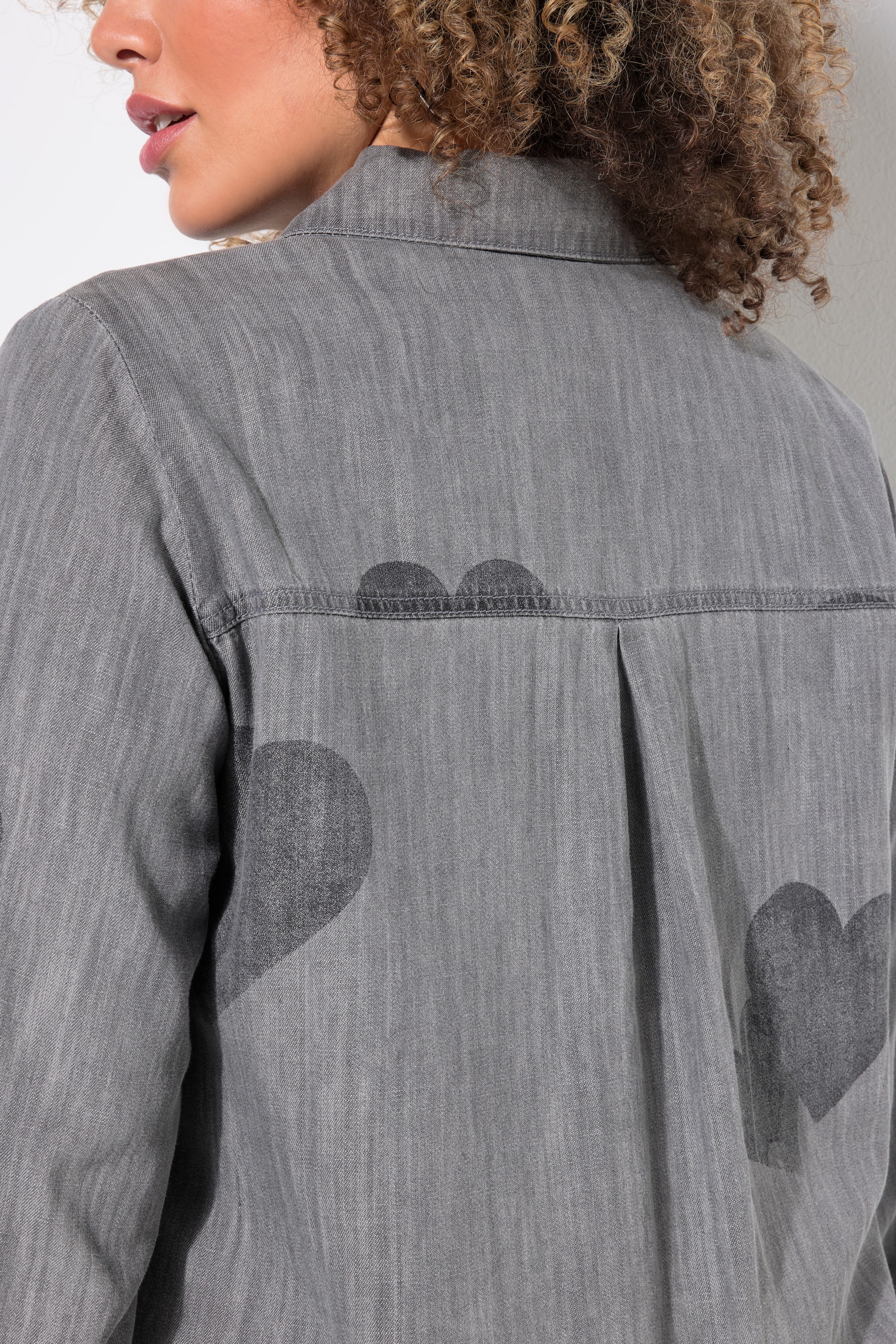 Ulla Popken Damen große Größen Jeansbluse Herzen Hemdkragen Langarm