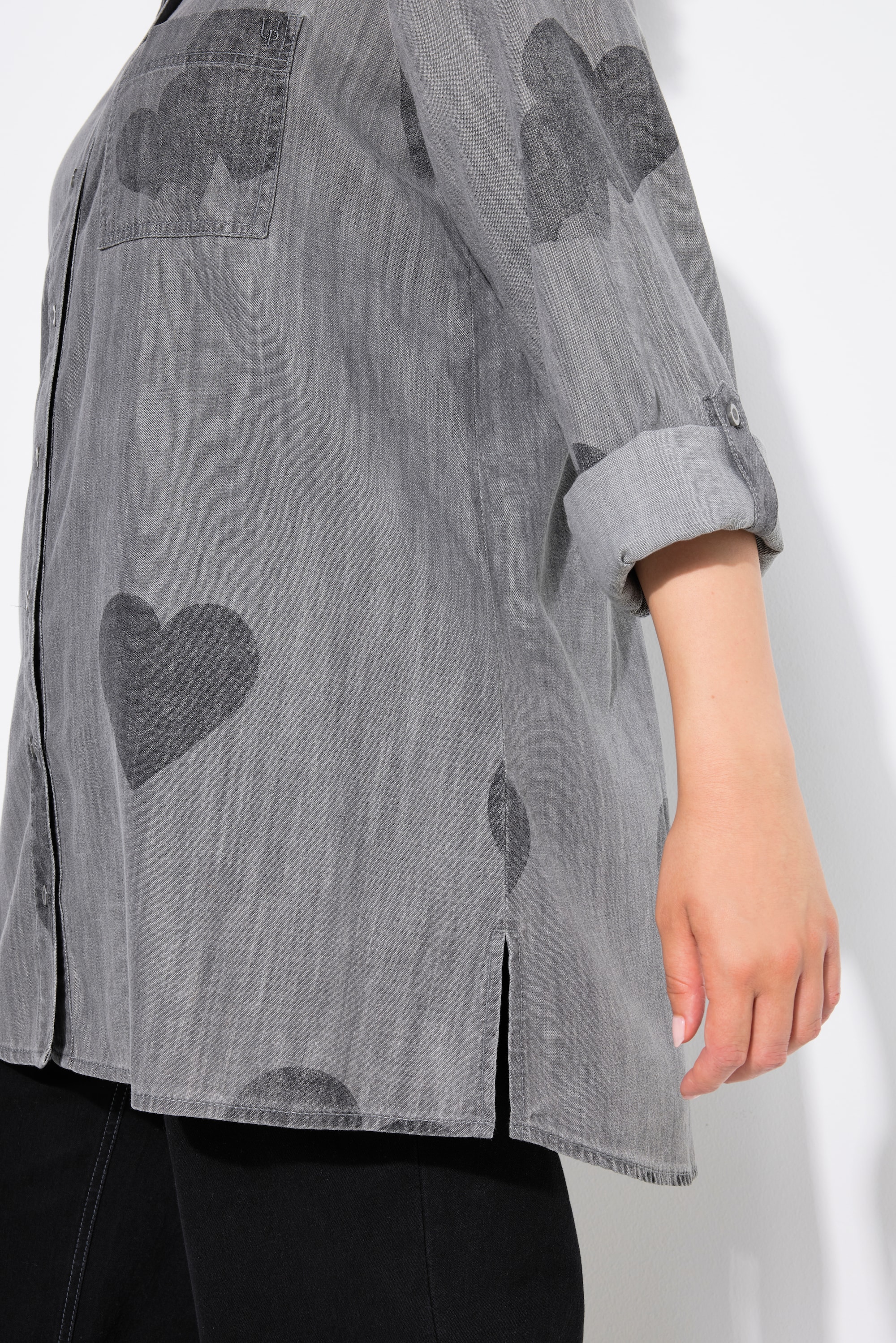 Ulla Popken Damen große Größen Jeansbluse Herzen Hemdkragen Langarm