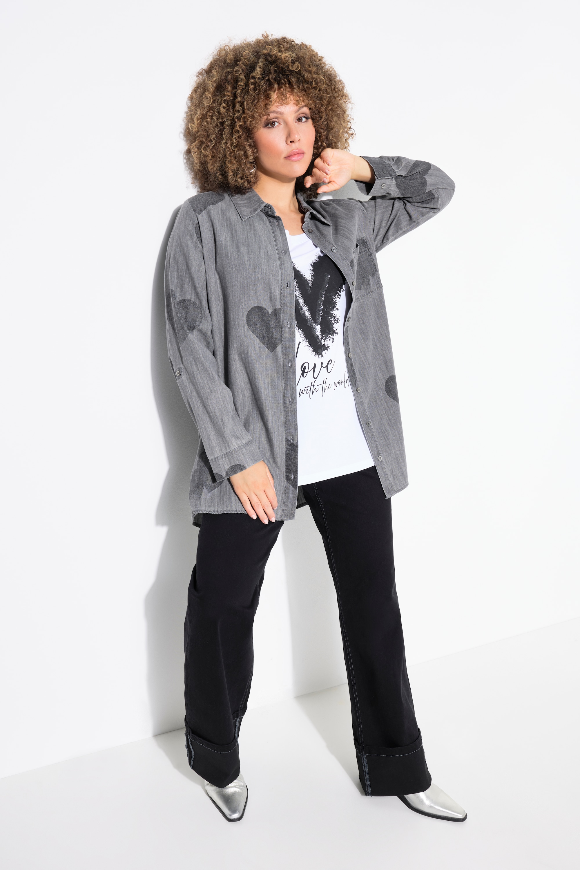 Ulla Popken Damen große Größen Jeansbluse Herzen Hemdkragen Langarm
