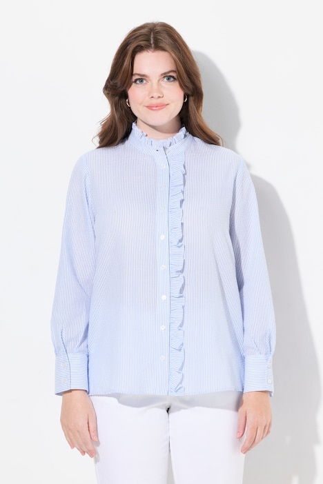 Bubbleblouse, opstaande kraag, knoopsluiting met volants, lange mouwen