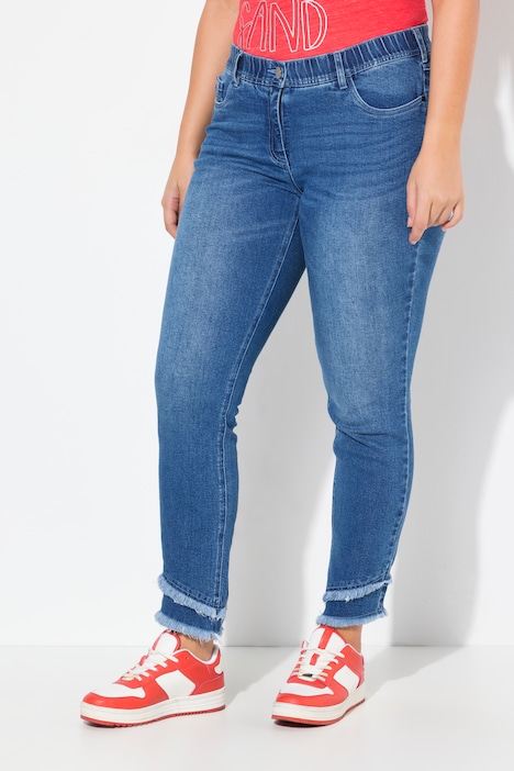 Jeans Sarah, gerafelde zoom, smalle pijpen, elastische tailleband, tot de enkel