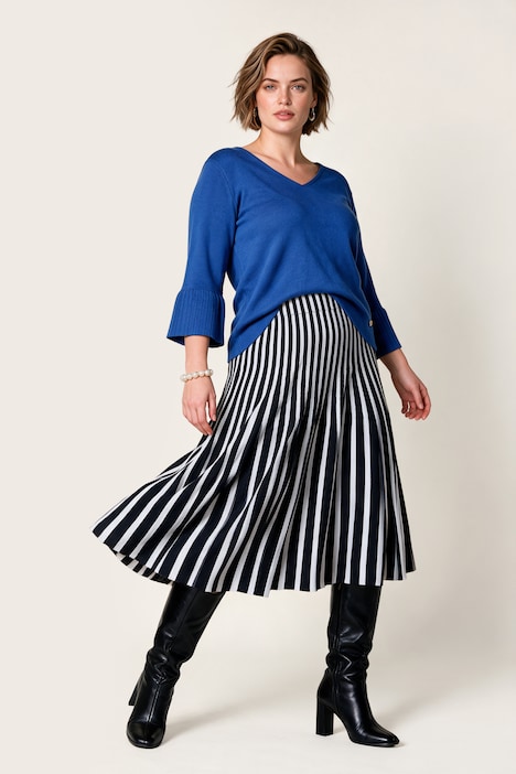 Jupe midi en maille, rayures, ceinture élastique et coupe évasée