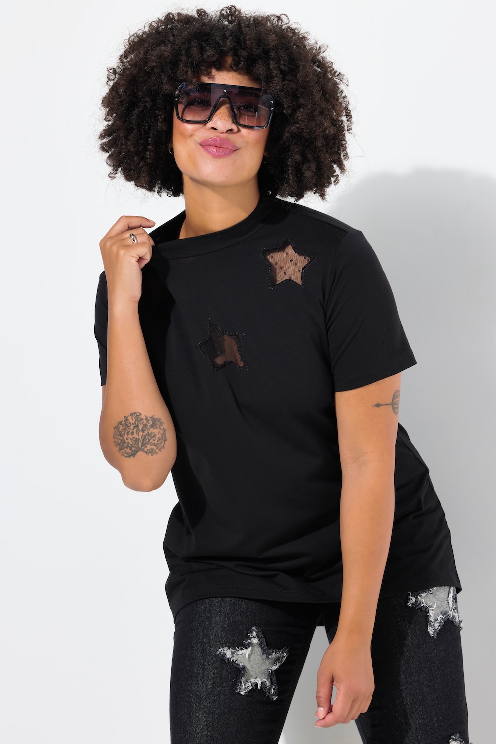 T-shirt, cut-out sterren van mesh, opstaande kraag