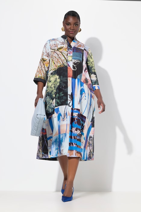 Patchwork Print 3/4 Sleeve Midi Dress