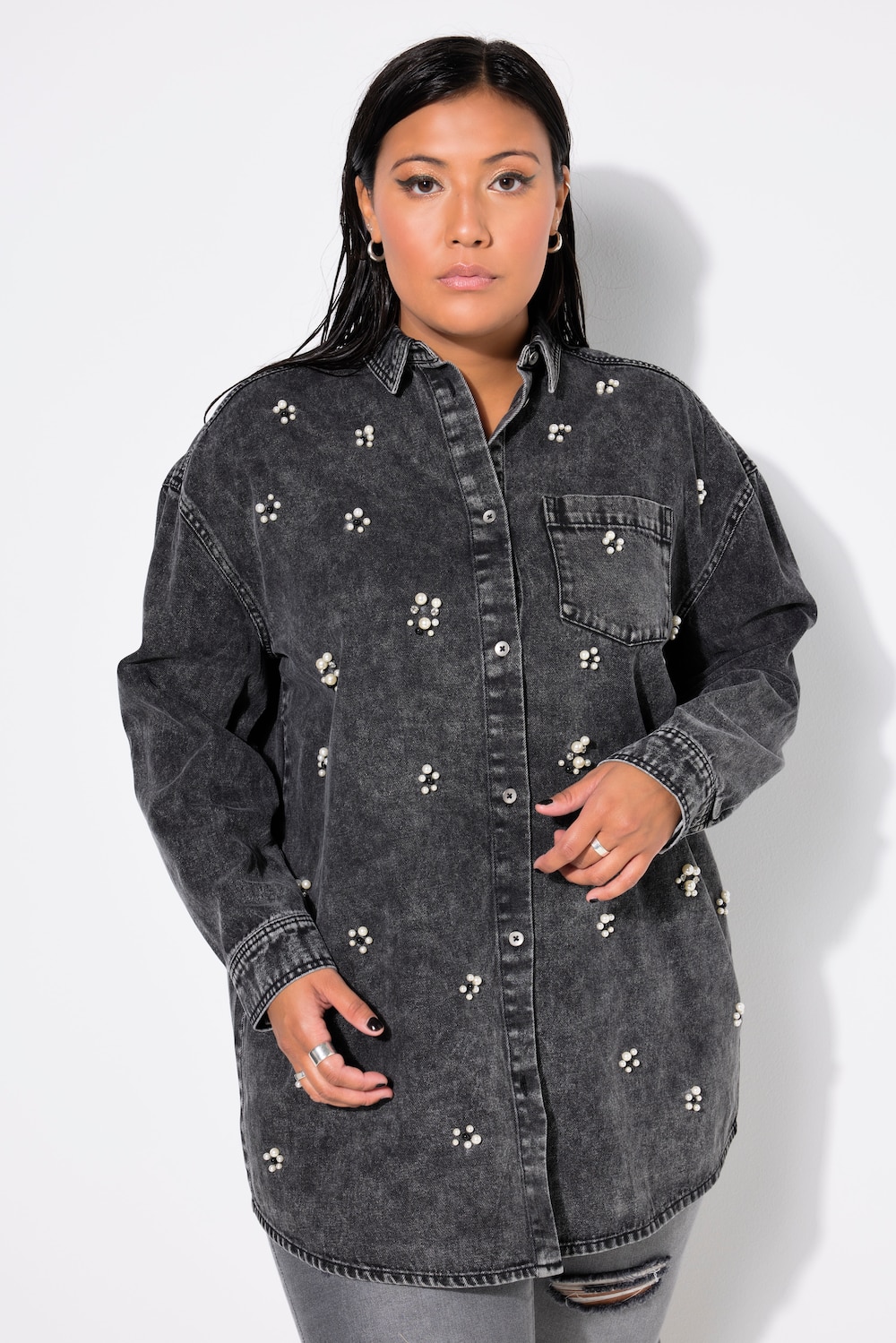 Long-Jeanshemd, oversized, Zierperlen