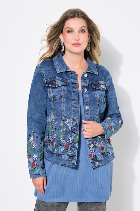 Jeansjacke, Blumen-Stickerei am Saum