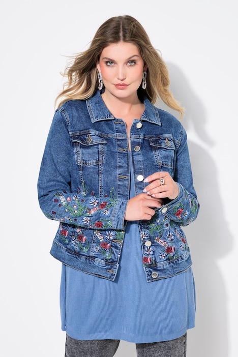 Jeansjacke, Blumen-Stickerei am Saum