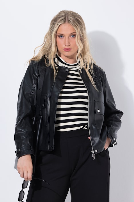 Jacke, Lederoptik, Oversized, Rundhals, 2-Wege-Zipper