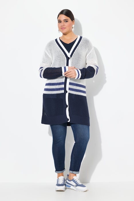 Colorblock Striped Longline Openwork Cardigan