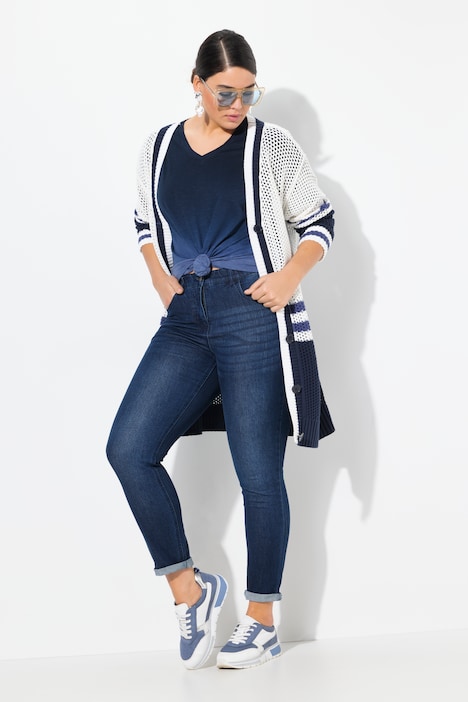 Colorblock Striped Longline Openwork Cardigan