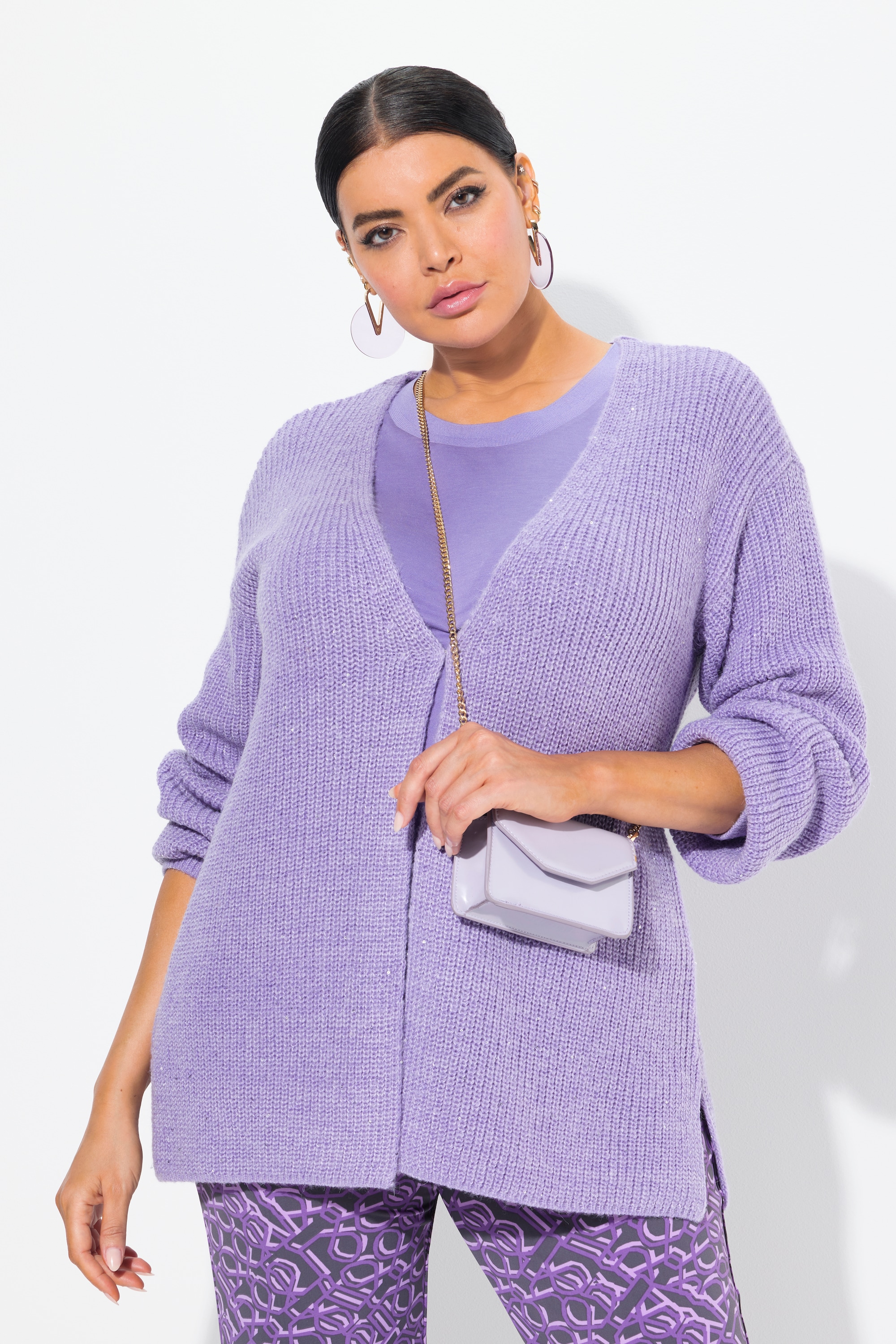 Ulla Popken Damen große Größen Strickjacke Pailletten Oversized Rippstrick