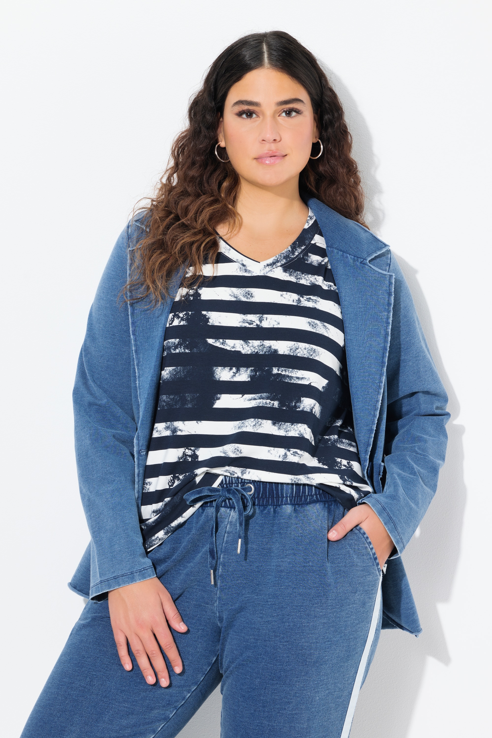 Ulla Popken Damen große Größen T Shirt Streifen Classic V Ausschnitt