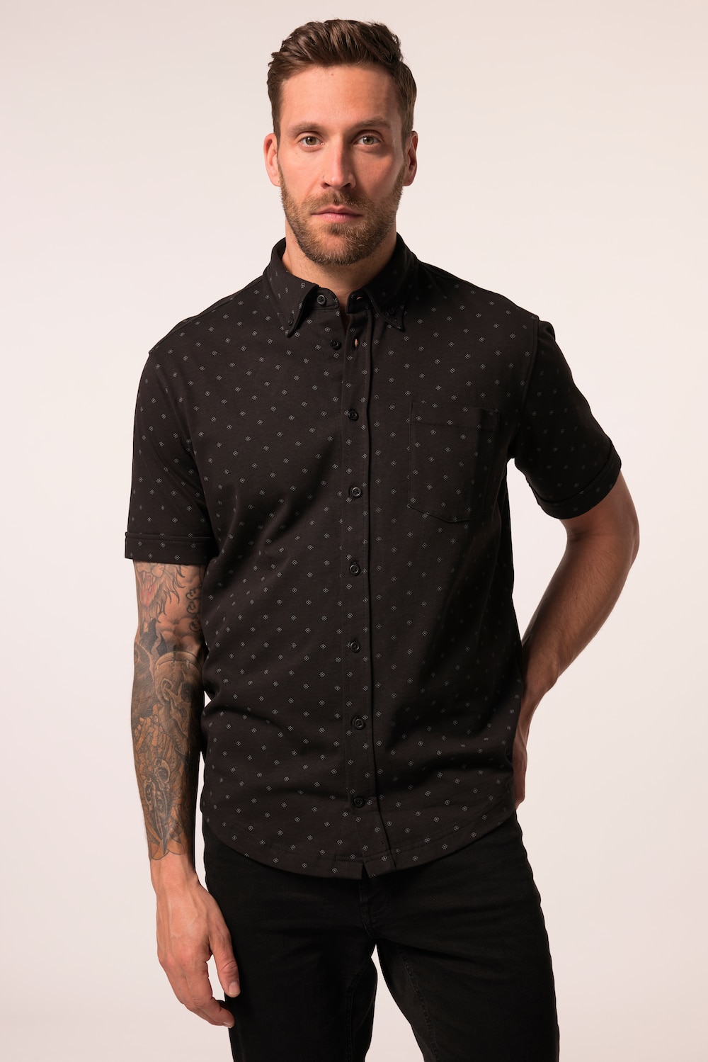 JP1880 jersey overhemd, halflange mouwen, all-overprint, buttondown-kraag, Modern Fit, tot 8XL