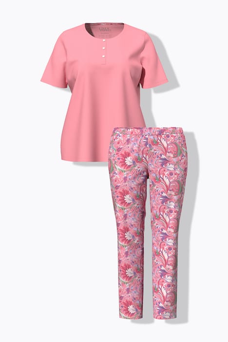 Pyjama 2 pièces à fleurs, col rond et manches courtes
