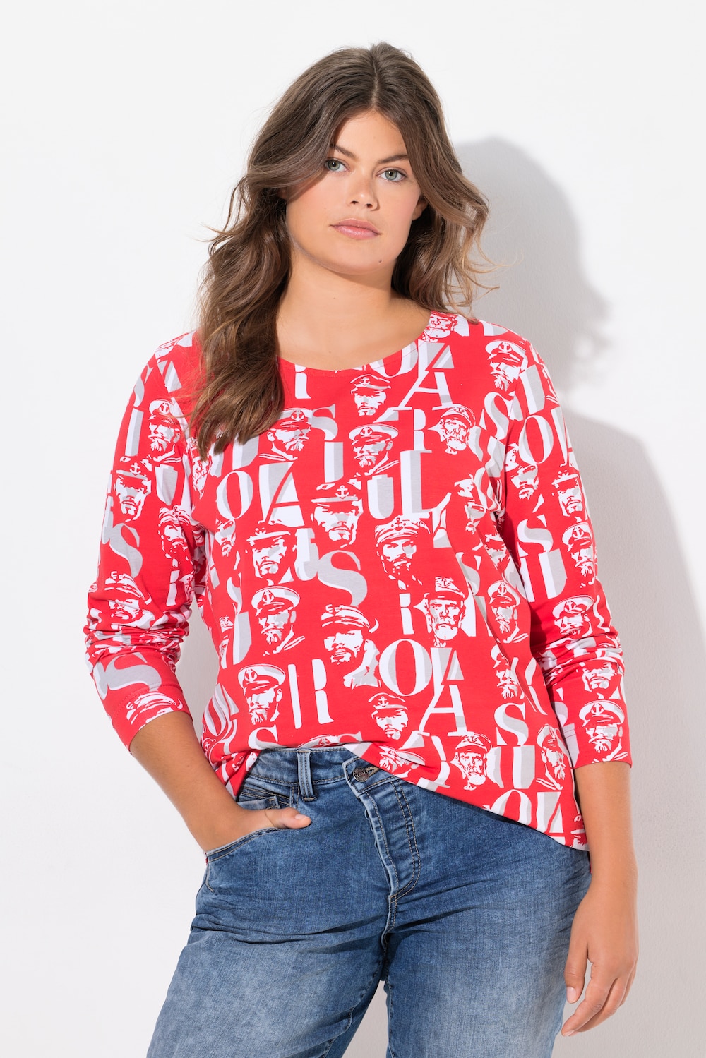 Große Größen Langarmshirt mit Seemanndruck, Damen, rot, Größe: 40/42, Baumwolle, LAURASON