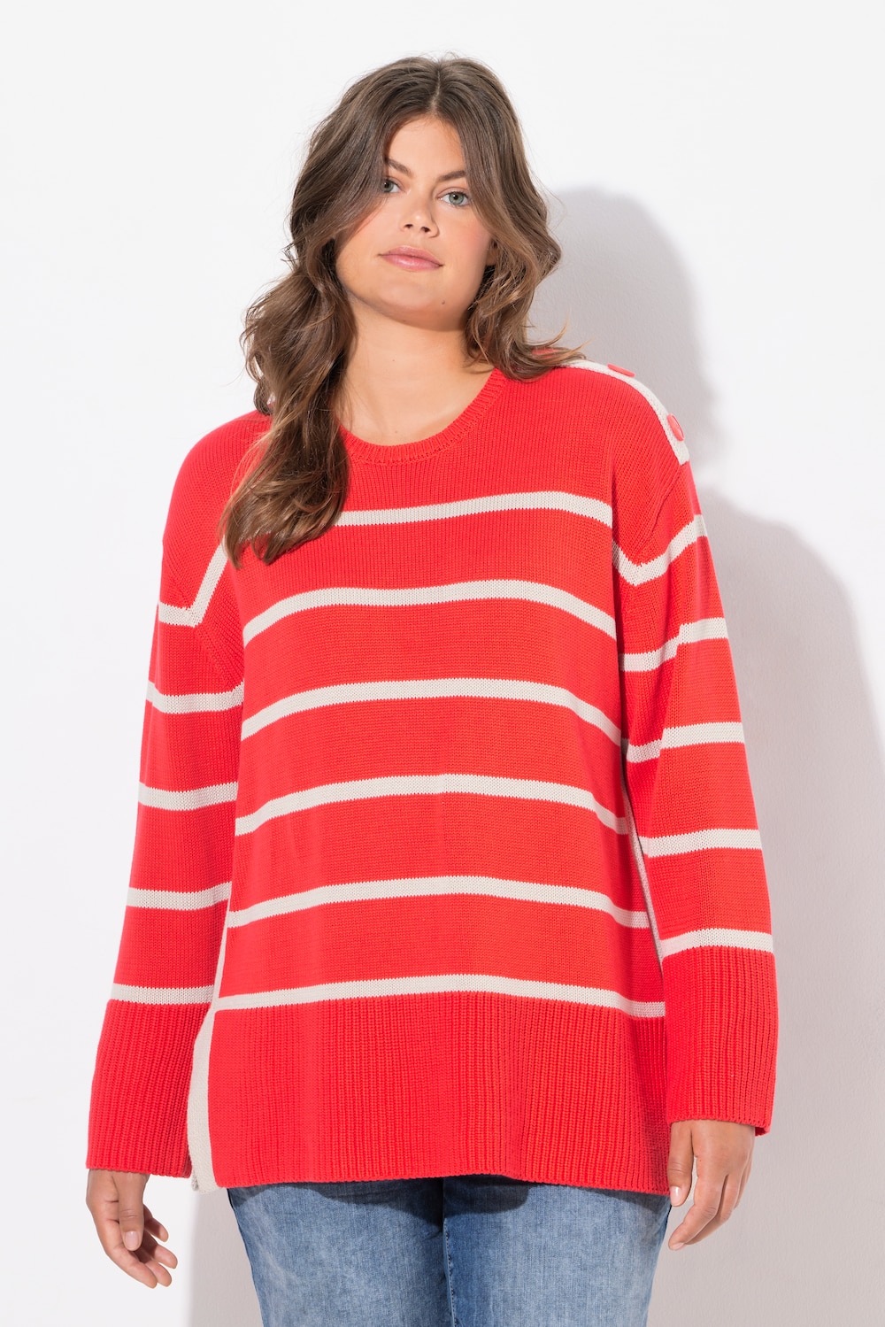 Große Größen Ringel Strickpullover, Damen, rot, Größe: 40/42, Baumwolle/Synthetische Fasern, LAURASON