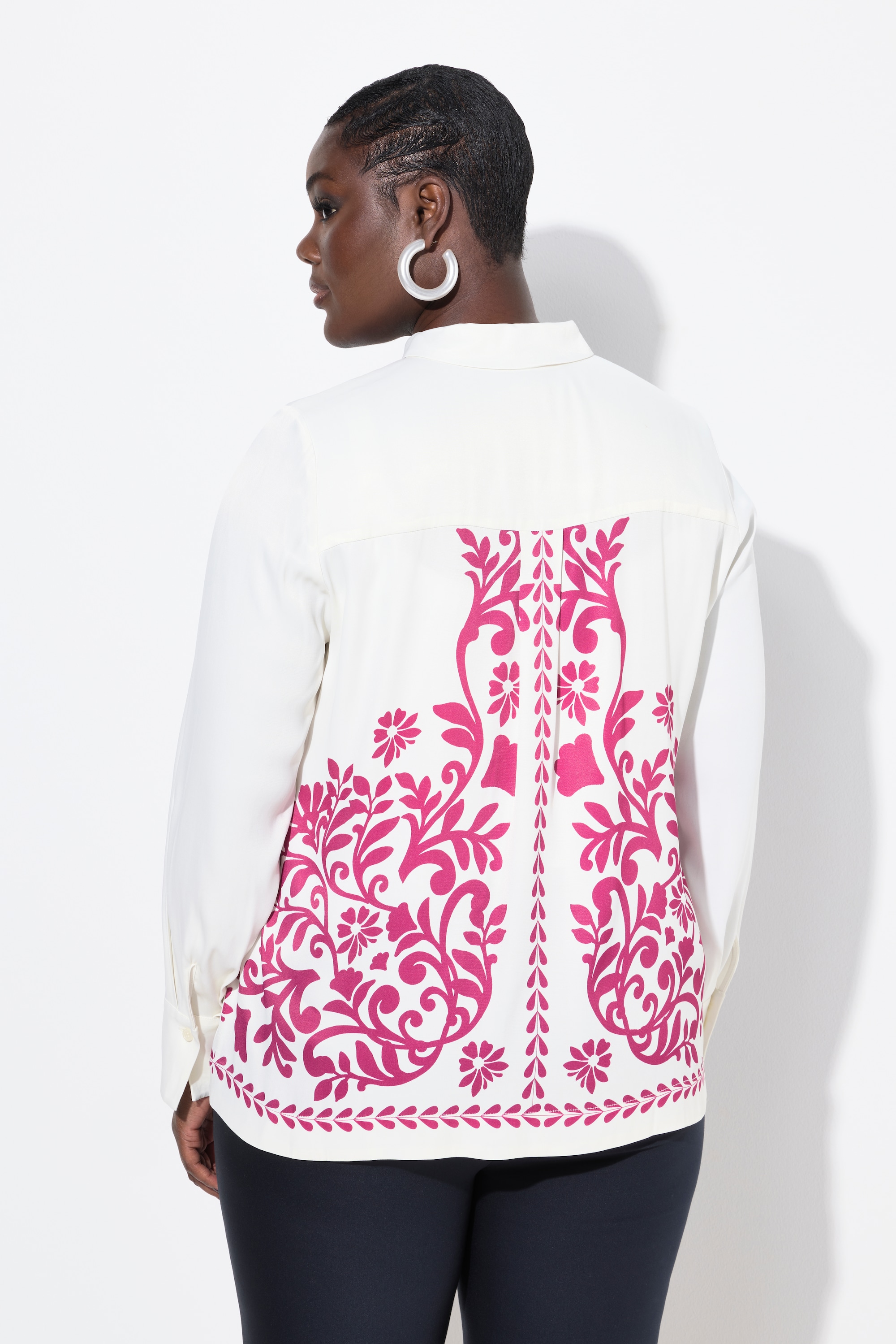 Ulla Popken Damen große Größen Satinbluse florales Design Hemdkragen
