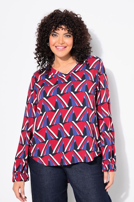 Blouse, grafische print, V-hals, 3/4-mouwen