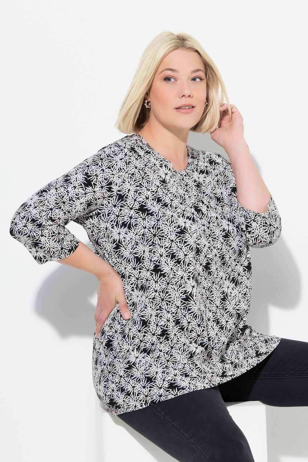Shirt, Blüten, A-Linie, Rundhals, 3/4-Arm