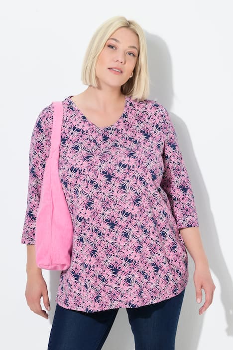 T-shirt à fleurs, col rond et manches 3/4, coupe évasée