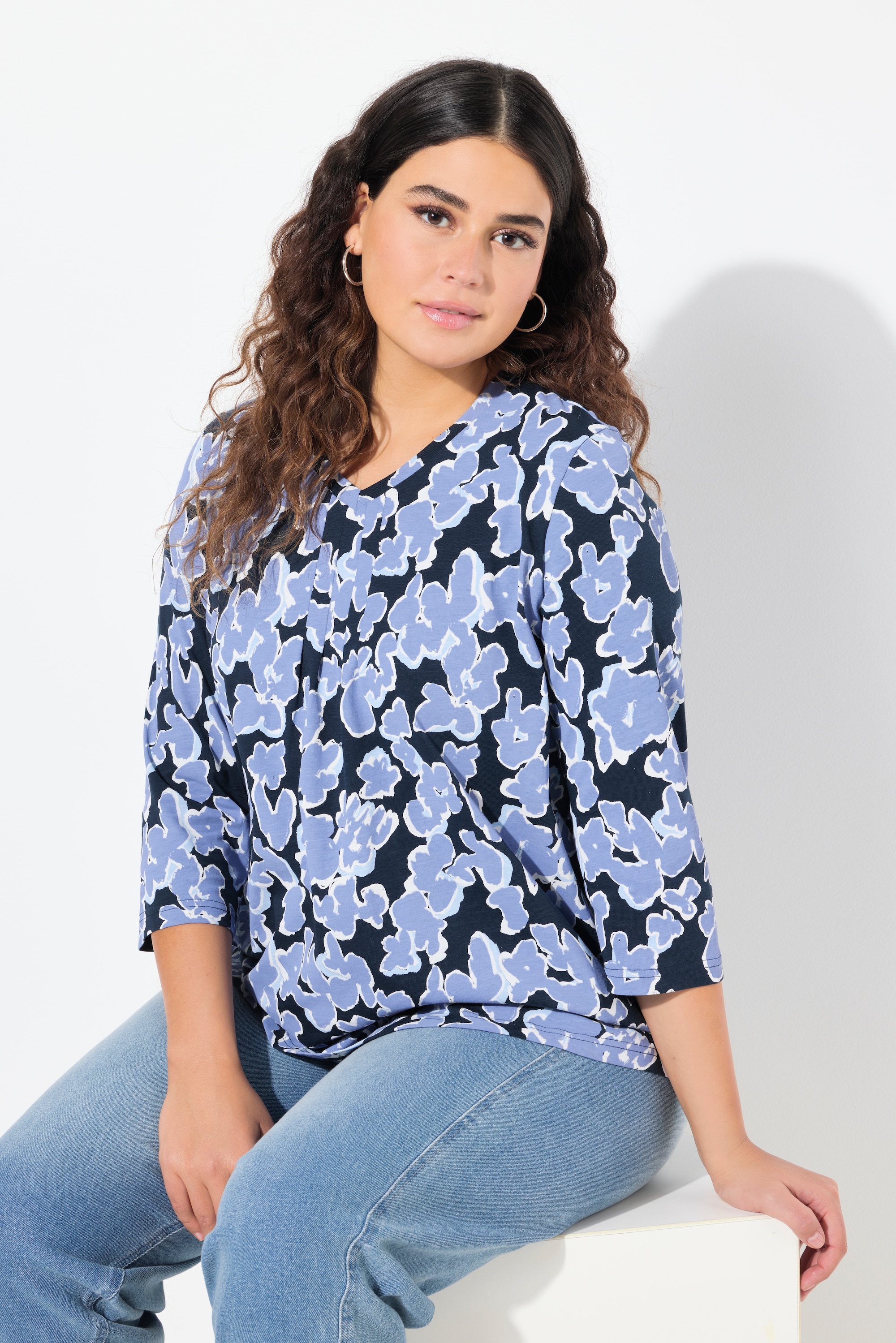 Ulla Popken Damen große Größen Shirt bedruckt A Linie V Ausschnitt