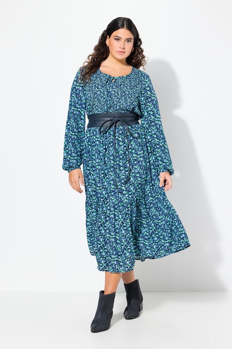 Floral Pleated Long Sleeve Crepe Dress