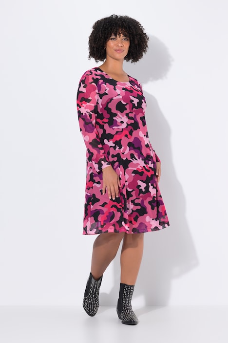 Mesh-jurk, camouflage, gerimpeld, lange mouwen