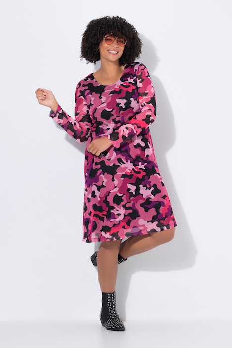 Mesh-jurk, camouflage, gerimpeld, lange mouwen