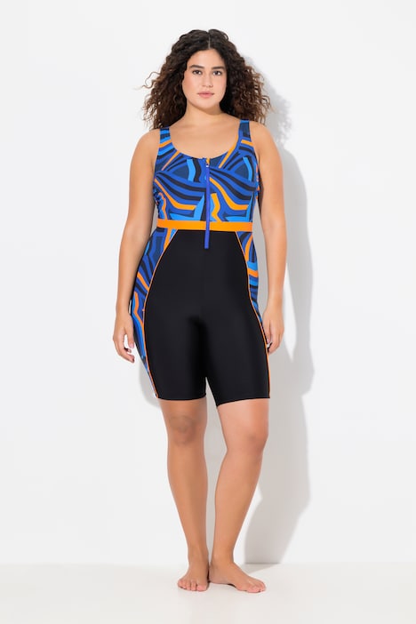 Retro Print Unitard Zip Front Swimsuit