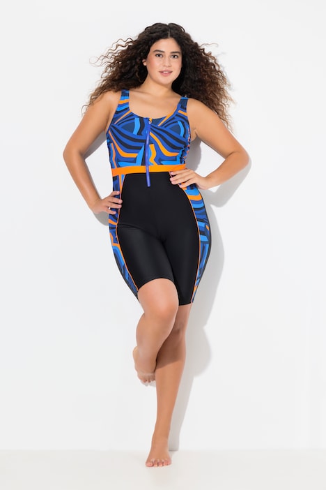 Retro Print Unitard Zip Front Swimsuit