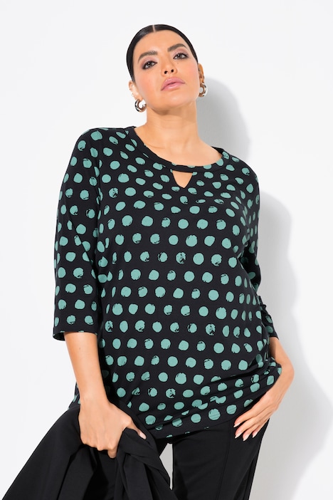 Polka Dot 3/4 Sleeve Keyhole Cutout Tee