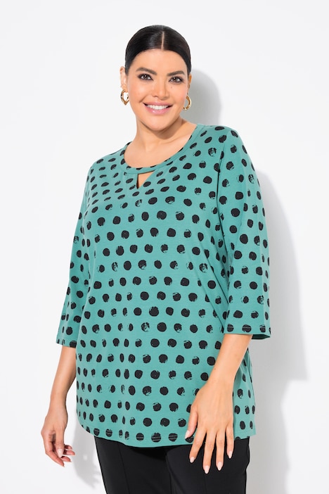 Polka Dot 3/4 Sleeve Keyhole Cutout Tee