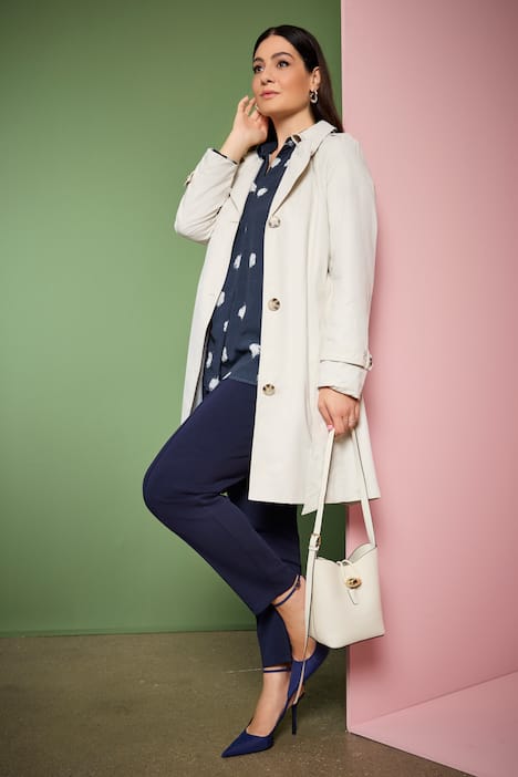 Tunica, pois, piega decorativa, collo a camicia, manica lunga